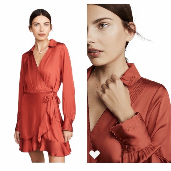 NWT! Paige Tulip Red Parisa Embroidered Detail Satin Wrap Dress. Size XS. - Picture 14 of 14